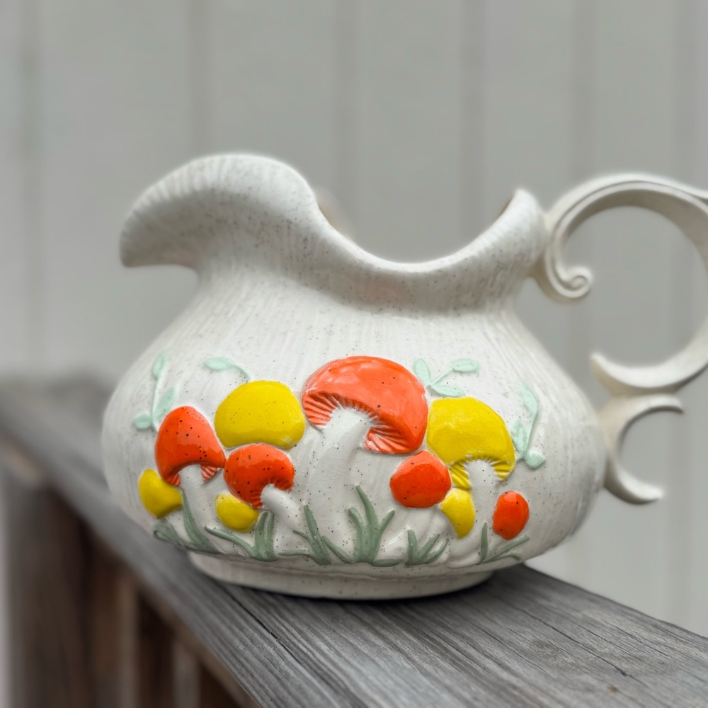 Vintage Arnels Pitcher Ceramic Painted Mushrooms Signed 1974